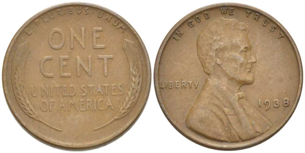 США 1 ЦЕНТ 1938 ЛИНКОЛЬН KM 132 бронза 3309-1242