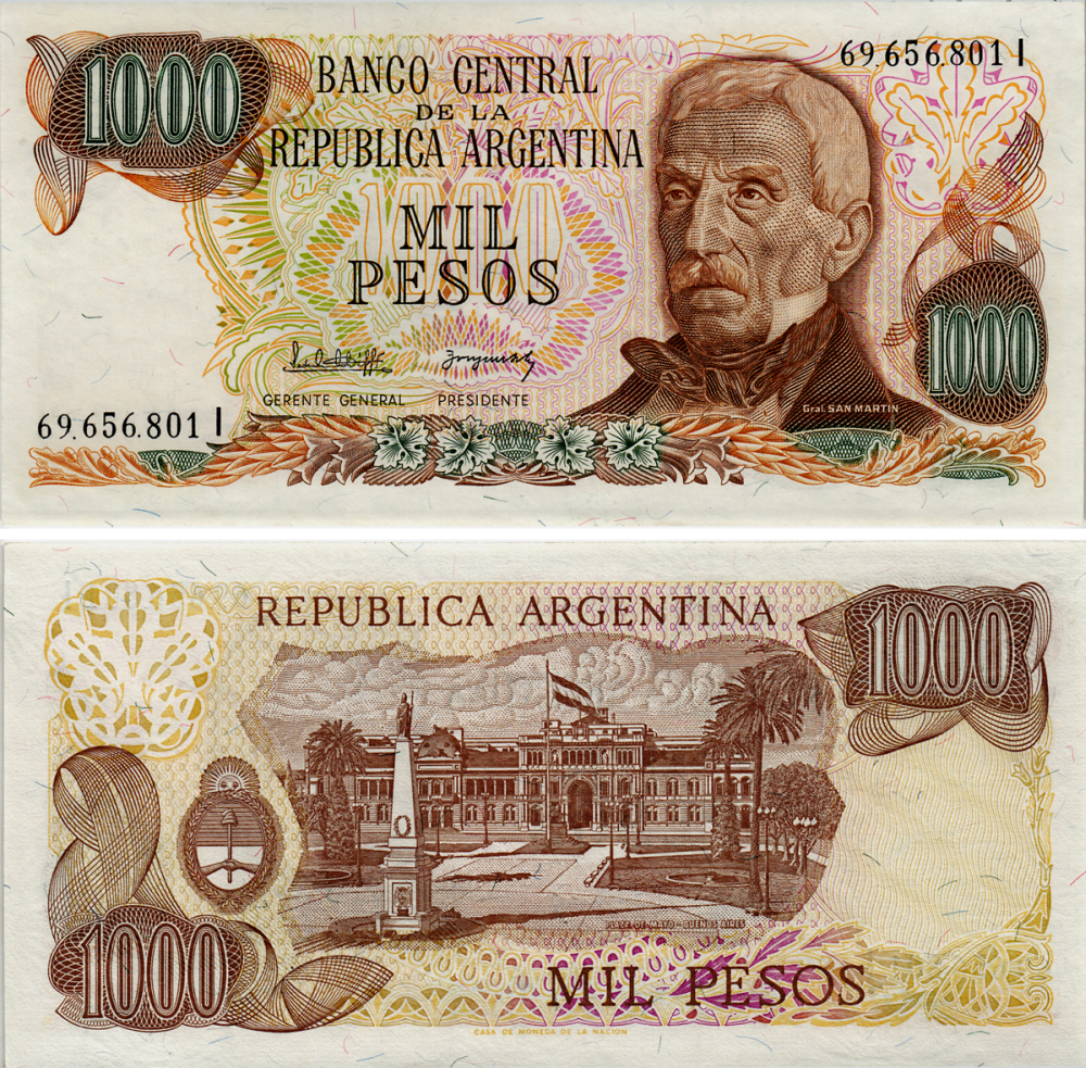 Аргентина 1000 песо 1982 серия I 69656, Генерал Сан Мартин Pick 304d бумага UNC (пресс) 6293-44-1-1