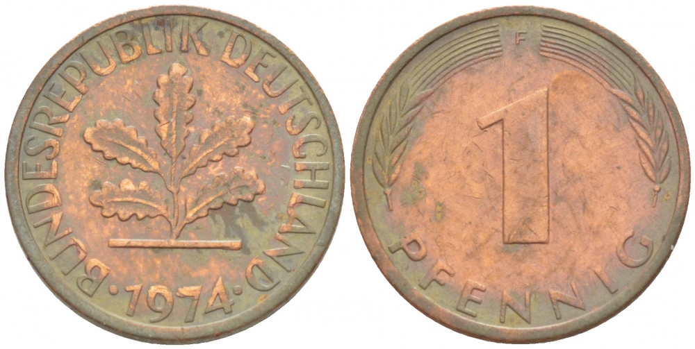 ФРГ 1 ПФЕННИГ 1974 F KM 105, J.380 сталь плакированная медью 3718-221