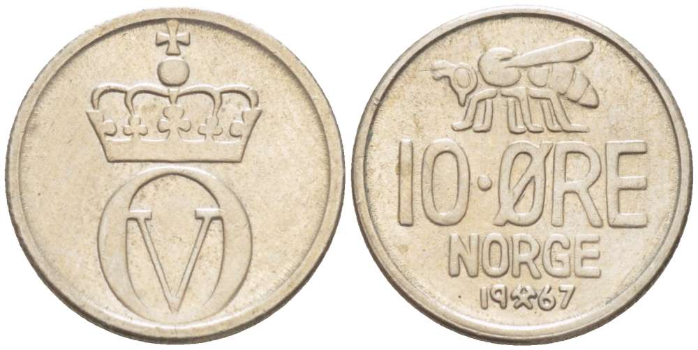 Норвегия 10 эре 1967 пчела, Улаф V (1958-1991) KM 411 медно-никель 4516-765