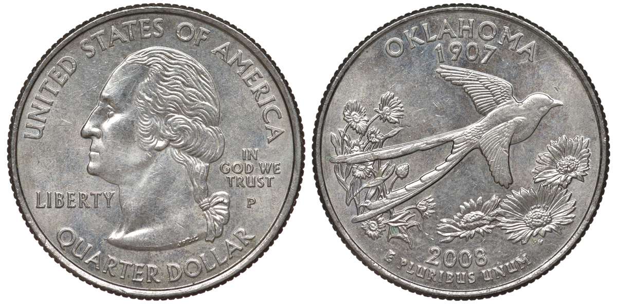 США 25 центов = квотер 2008 P, серия штаты США, Оклахома KM 421 медь плакированная медно-никелем 4525-435
