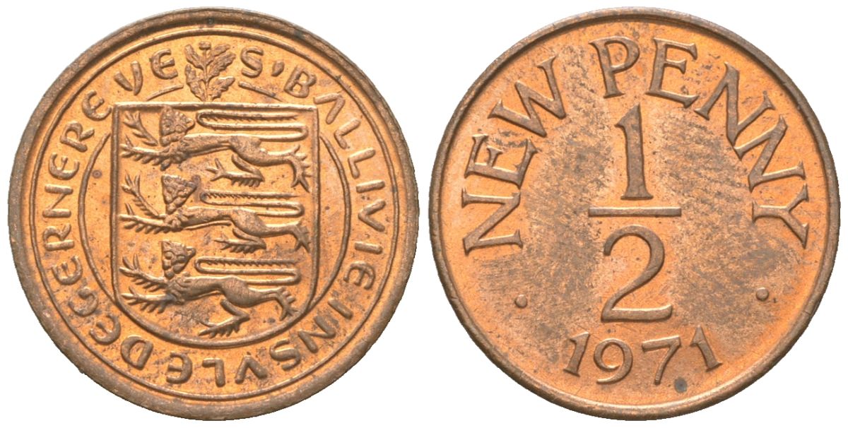 Гернси 1/2 пенни 1971 Елизавета II (1952-2022), герб KM 20 бронза UNC 4611-565