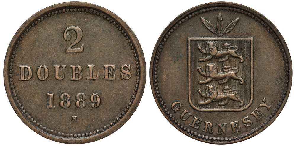 Гернси 2 дабла (дубля) 1889 H KM 9 бронза 650-613