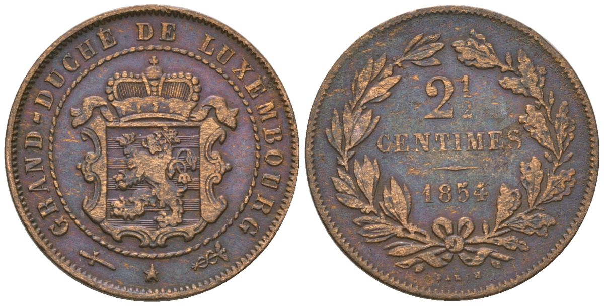 Люксембург 2 1/2 сантима 1854 KM 21 бронза 4602-369