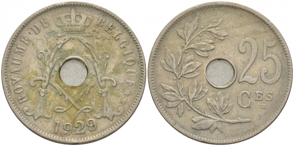 БЕЛЬГИЯ 25 САНТИМОВ 1929 BELGIQUE KM 68.1 медно-никель 4529-1123