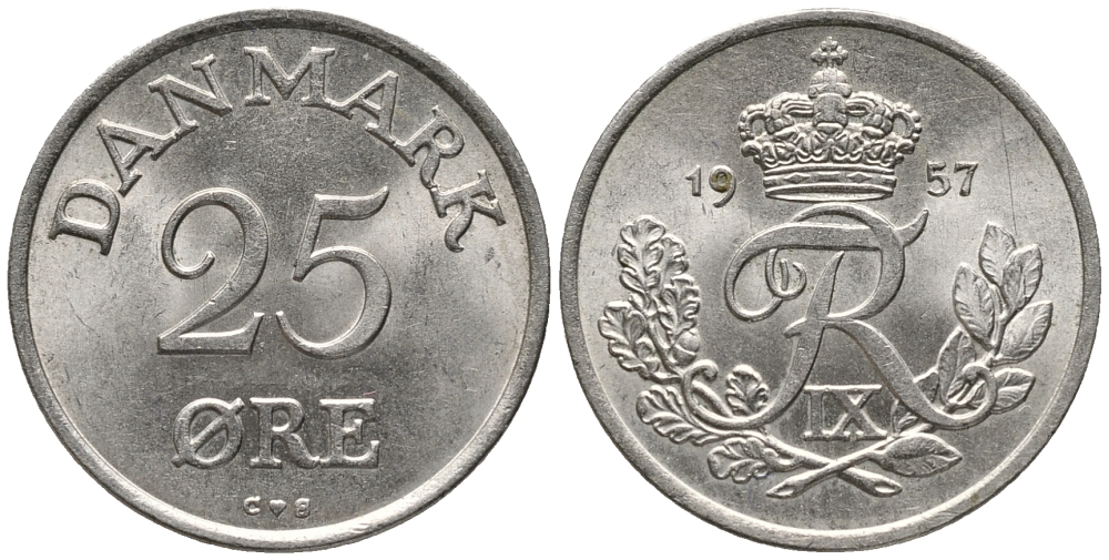 ДАНИЯ 25 ЭРЕ 1957 С; S, ФРЕДЕРИК IX (1947-1972) KM 842.2 медно-никель 34-1145