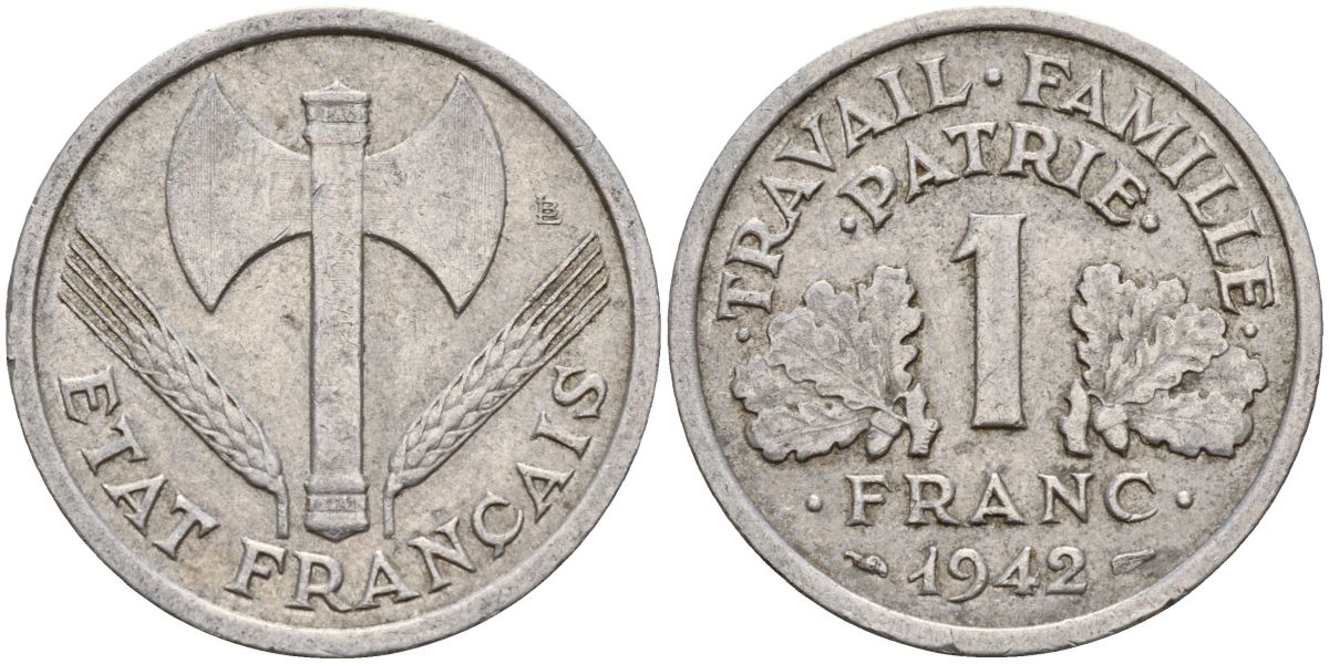 Франция 1 франк 1942 правительство Виши KM 902.1, Le Franc алюминий 4126-642
