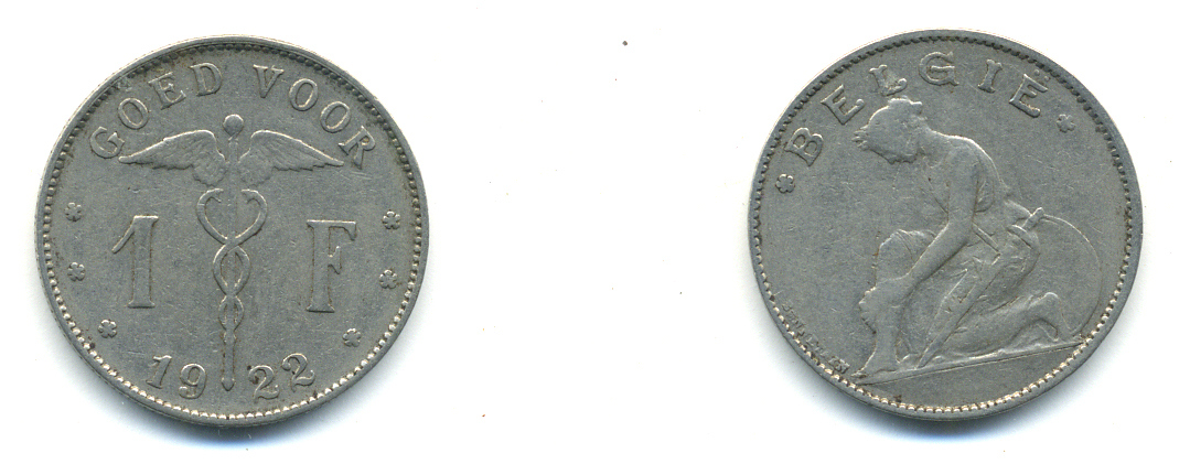 БЕЛЬГИЯ 1 ФРАНК 1922 BELGIE KM 90 никель 83-1044