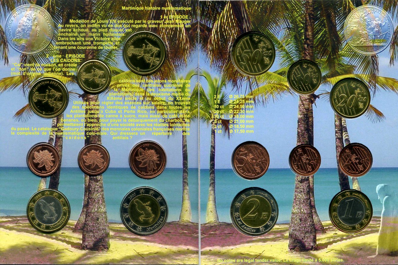 Мартиника набор из 8 монет 2005 1 евроцент-2 евро, европробники, в оригинальном буклете UNC 00-00