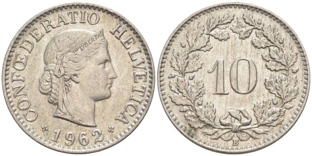 ШВЕЙЦАРИЯ 10 РАППЕНОВ 1962 В KM 27 медно-никель 55-334