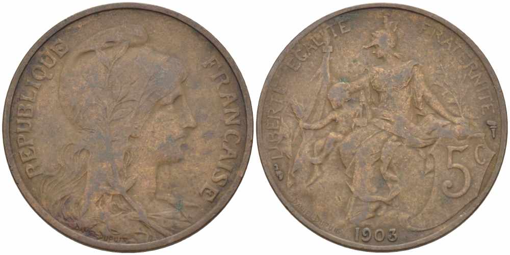 ФРАНЦИЯ 5 САНТИМОВ 1903 ТИП ДАНИЭЛЬ ДЮПЮИ KM 842, LE FRANC 119.13 бронза 108-842