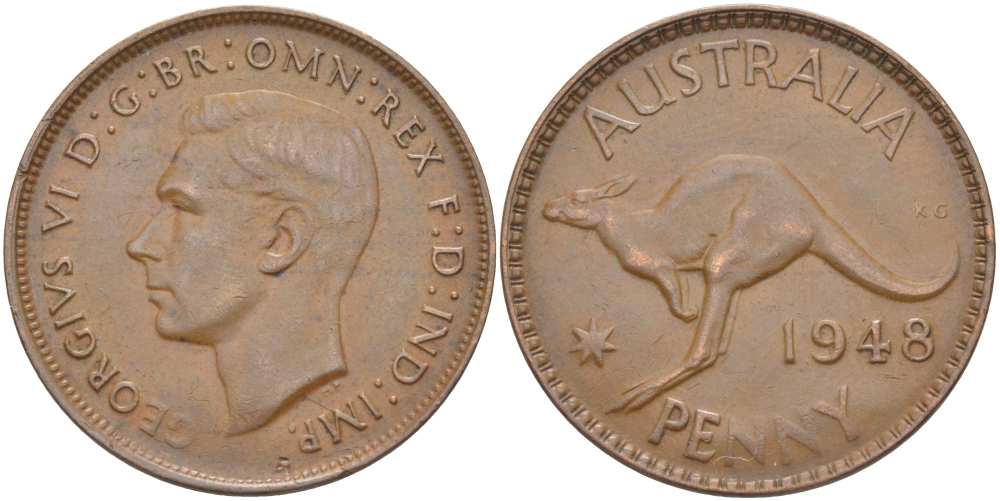 АВСТРАЛИЯ 1 ПЕННИ 1948 m, ГЕОРГ VI (1936-1952), КЕНГУРУ KM 36 бронза 4512-1141