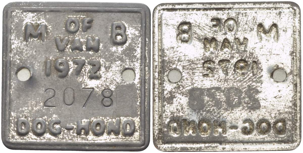 НИДЕРЛАНДЫ СОБАЧИЙ ЖЕТОН 1972 OF VAN DOG-HONG, №2078, ЖЕТОН ОБ УПЛАТЕ ГОДОВОГО НАЛОГА С ВЛАДЕЛЬЦЕВ СОБАК сталь 4517-1136