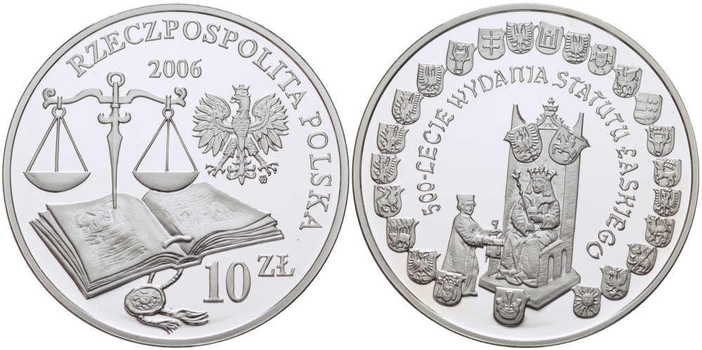 Польша 10 злотых 2006 MW, 500 лет провозглашения статута Яна Лаского, весы, свод польских законов KM 890 серебро PROOF 1087-7-23