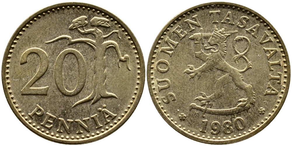 ФИНЛЯНДИЯ 20 ПЕННИ 1980 К KM 47 алюминиевая бронза 4382-1035