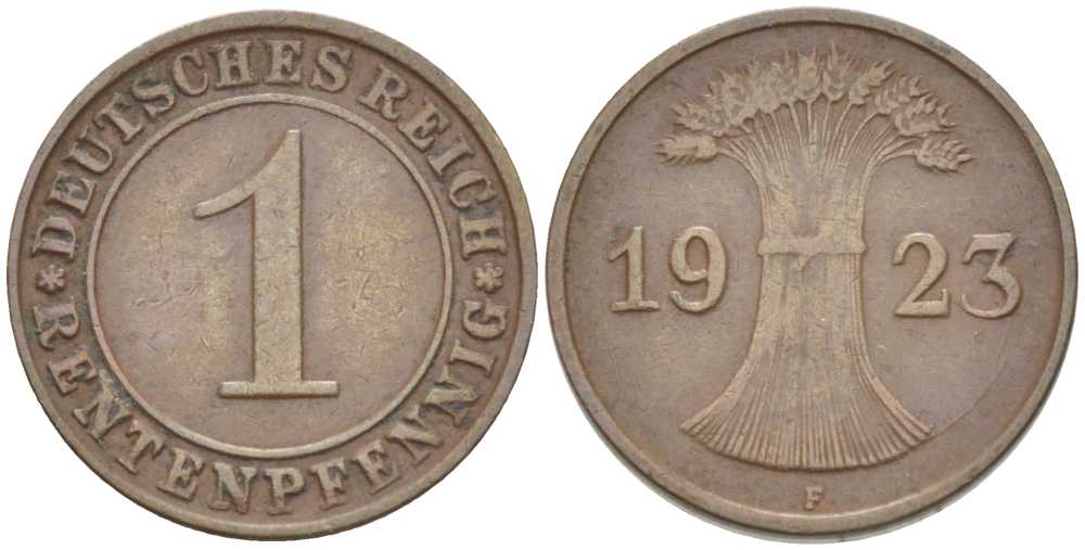 ГЕРМАНИЯ 1 РЕНТЕНПФЕННИГ 1923 F KM 30, J. 306 бронза 66-768