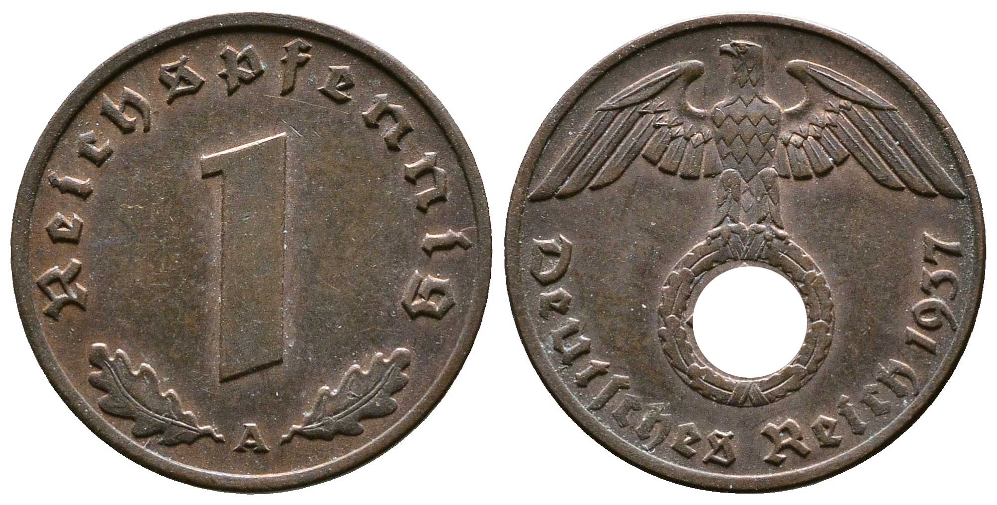 Германия 1 рейхспфенниг 1937 A KM 89, J. 361 бронза    220-232