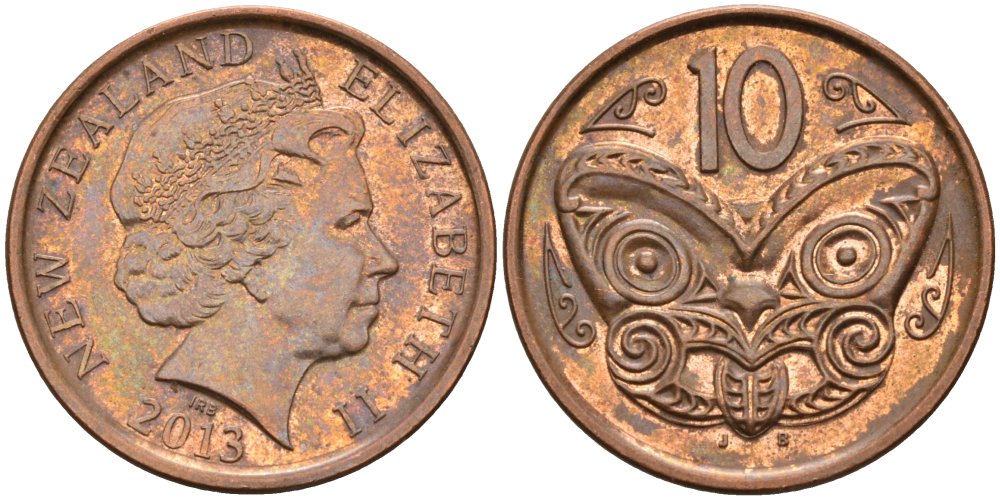 Новая Зеландия 10 центов 2013 маска Маори, Елизавета II (1952-) KM 117а сталь плакированная медью 4175-826