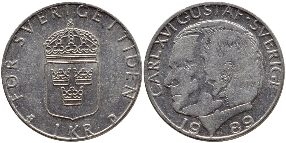 Швеция 1 крона 1989 Карл XVI Густав (1973- ) KM 852a медно-никель 4397-1245