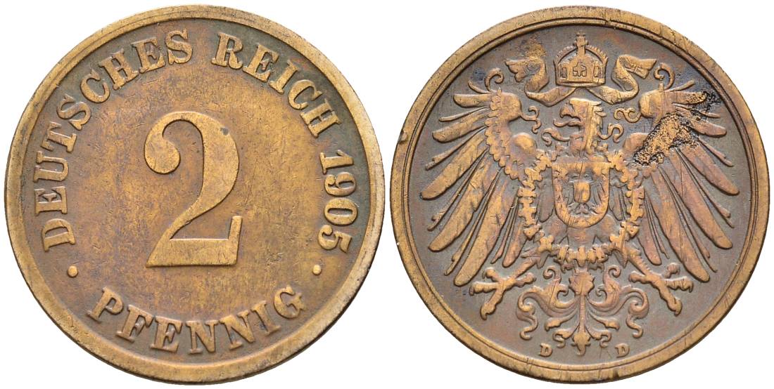 ГЕРМАНИЯ 2 ПФЕННИГА 1905 D KM 16, Jager 11, Weege 4 медь 4546-625