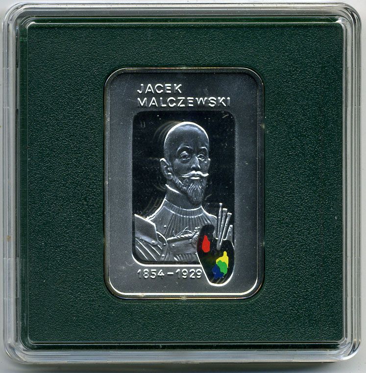 Польша 20 злотых 2003 Ясек Малжевски, аллегория Смерти закрывающей глаза старику, цветная эмаль, в оригинальной пластиковой коробке KM 478 серебро PROOF 4-5-3-04