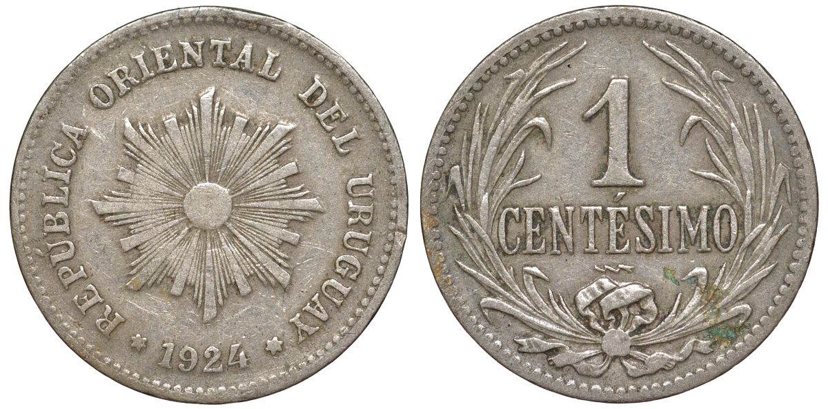 Уругвай 1 сентесимо 1924 KM 19 медно-никель 4594-163