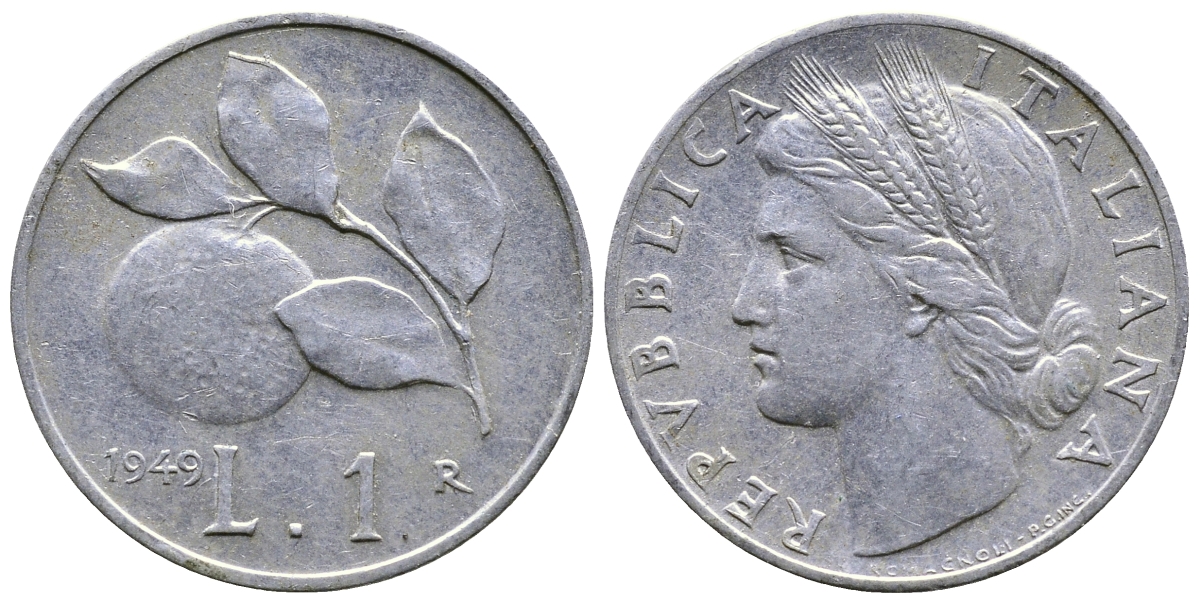 ИТАЛИЯ 1 ЛИРА 1949 R, АПЕЛЬСИН KM 87 алюминий 51-512