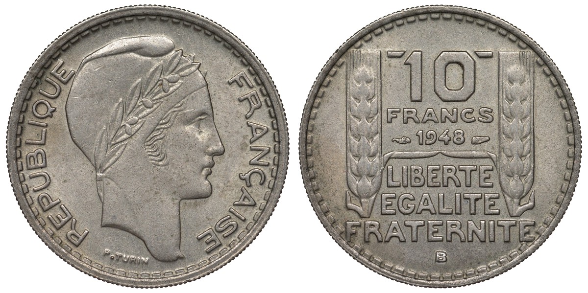 Франция 10 франков 1948 В, тип Пьер Турин KM 909.2, Le Franc 362.4 медно-никель 4123-544