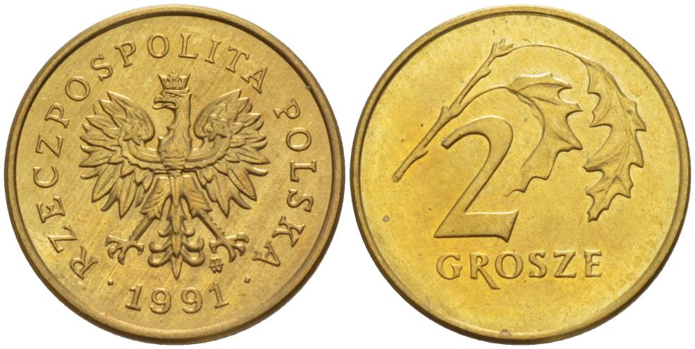 ПОЛЬША 2 ГРОША 1991 MW KM 277 латунь 4528-822