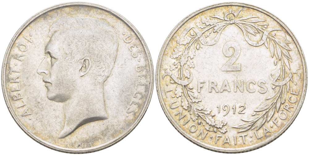 Бельгия 2 франка 1912 Альберт I (1909-1934), BELGES KM 74 серебро 00-00
