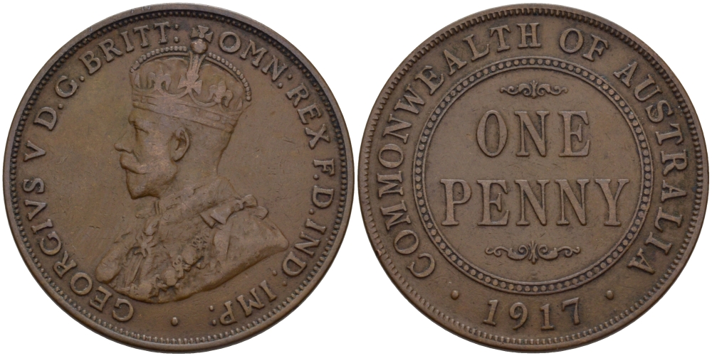 АВСТРАЛИЯ 1 ПЕННИ 1917 ГЕОРГ V KM 23 бронза 82-646