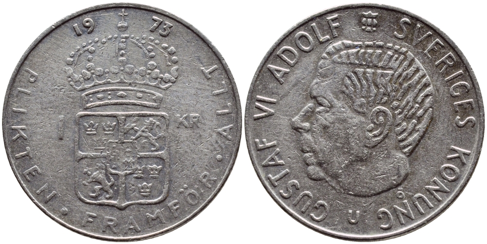 Швеция 1 крона 1973 Густав VI Адольф (1950-1973) KM 826а медь плакированная медно-никелем 4395-622