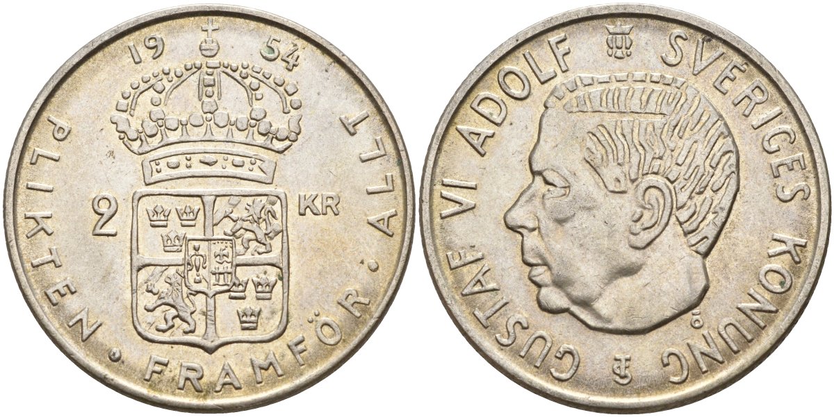 Швеция 2 кроны 1954 TS, Густав VI Адольф (1950-1973) KM 827 серебро 4149-122