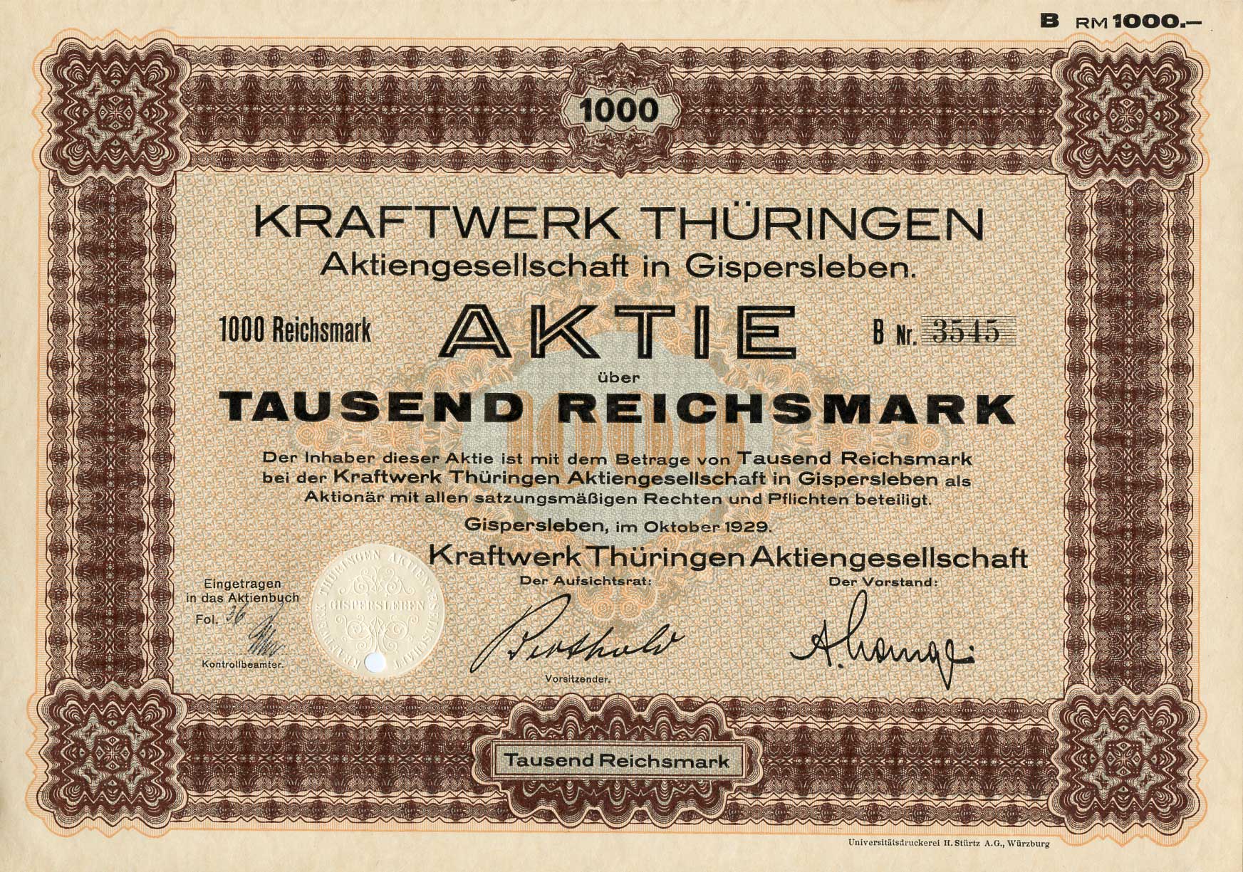 Германия 1000 рейхсмарок 1929 АО Электростанция Тюрингии, акция бумага 8801-102-1