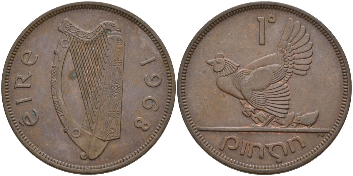 Ирландия 1 пенни 1968 курица с цыплятами KM 11 бронза 4144-1125