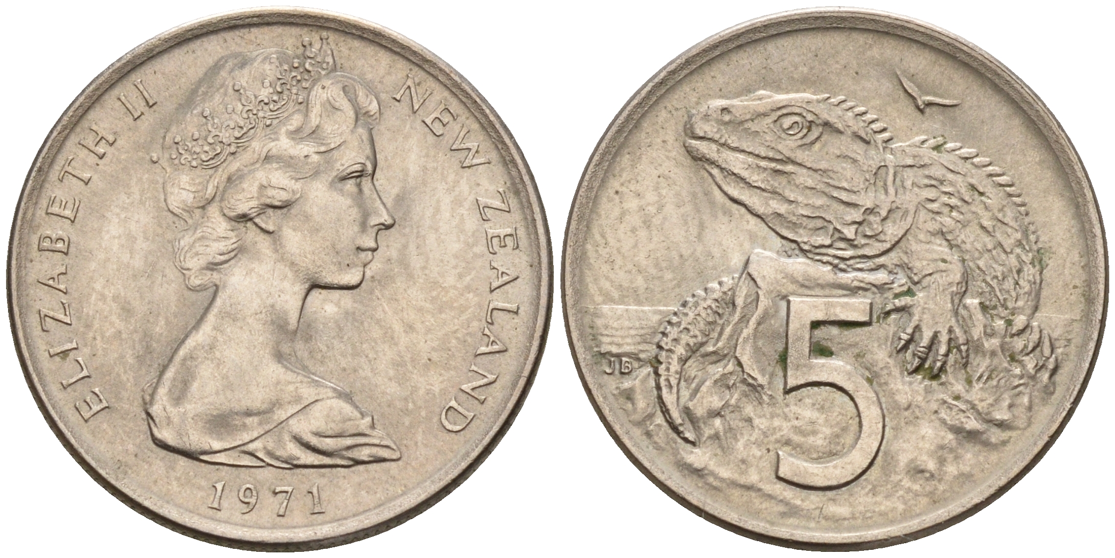 Новая Зеландия 5 центов 1971 Елизавета II (1952-2022), ящерица гаттерия KM 34.1 медно-никель 4602-652