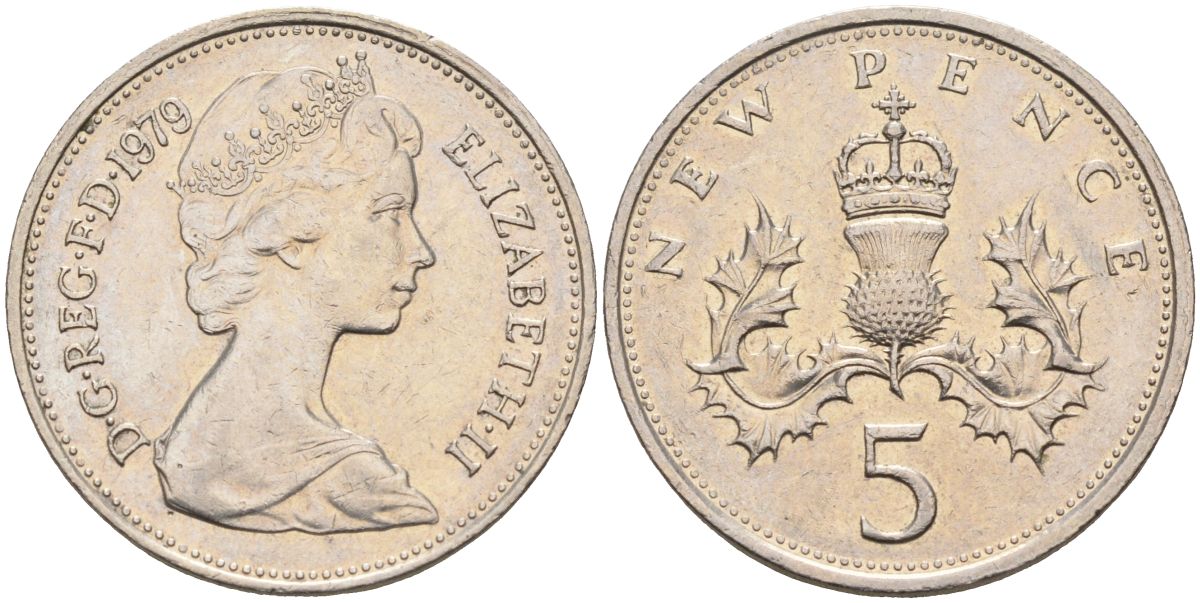 Великобритания 5 пенсов 1979 Елизавета II (1952-2022) KM 911, Spink 4233 (D1) медно-никель 4116-813