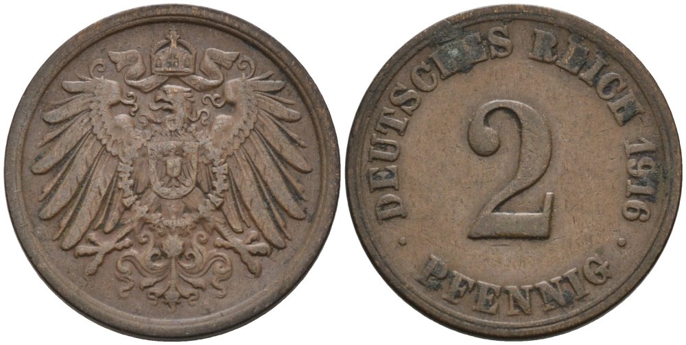 Германия 2 пфеннига 1916 A KM 16, J. 11, Weege 4 медь 4573-1212