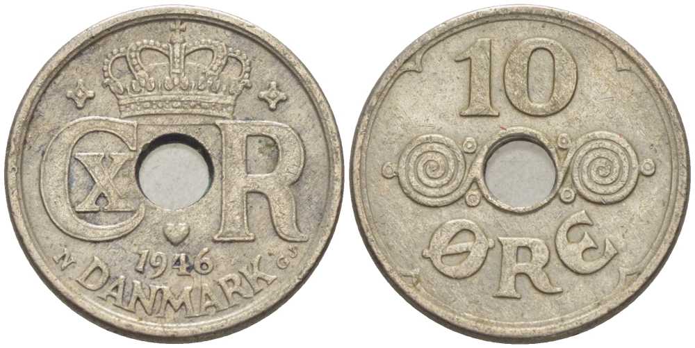 ДАНИЯ 10 ЭРЕ 1946 N ; GJ, КРИСТИАН X (1912-1947) KM 822.2 медно-никель 4383-134