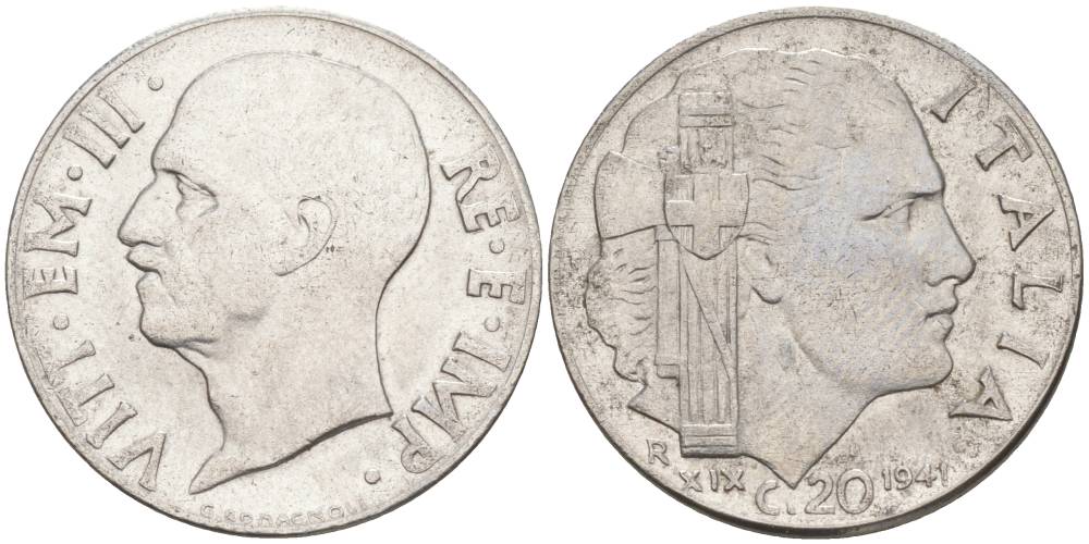 ИТАЛИЯ 20 ЧЕНТЕЗИМО 1941 R, ГОД XIX, ВИКТОР ЭММАНУИЛ III (1900-1946) KM 75b, VEM3. 1028 нержавеющая сталь 3853-727