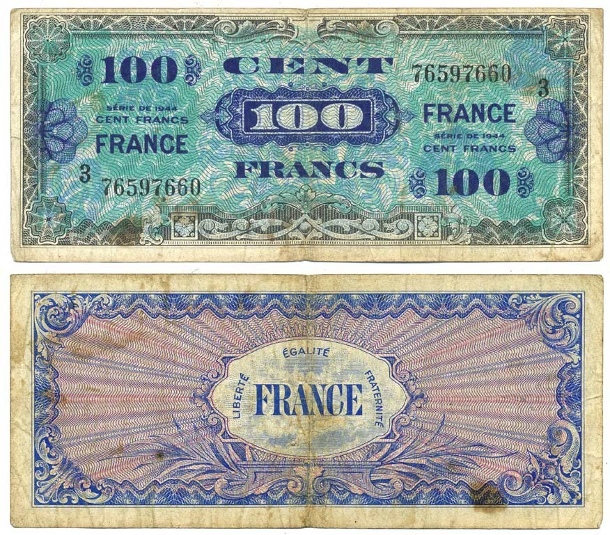 Франция 100 франков 1944 военный выпуск Pick 123 с бумага 6299-1-3