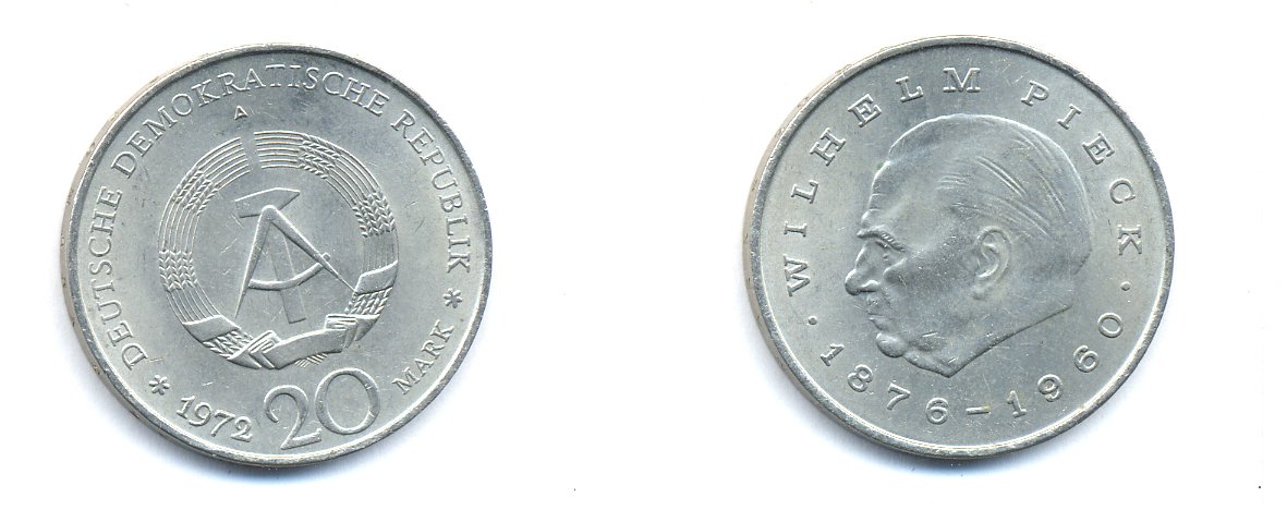 ГДР 20 марок 1972 А, Вильгельм Пик (1876-1960) KM 42 медно-никель 3333-343