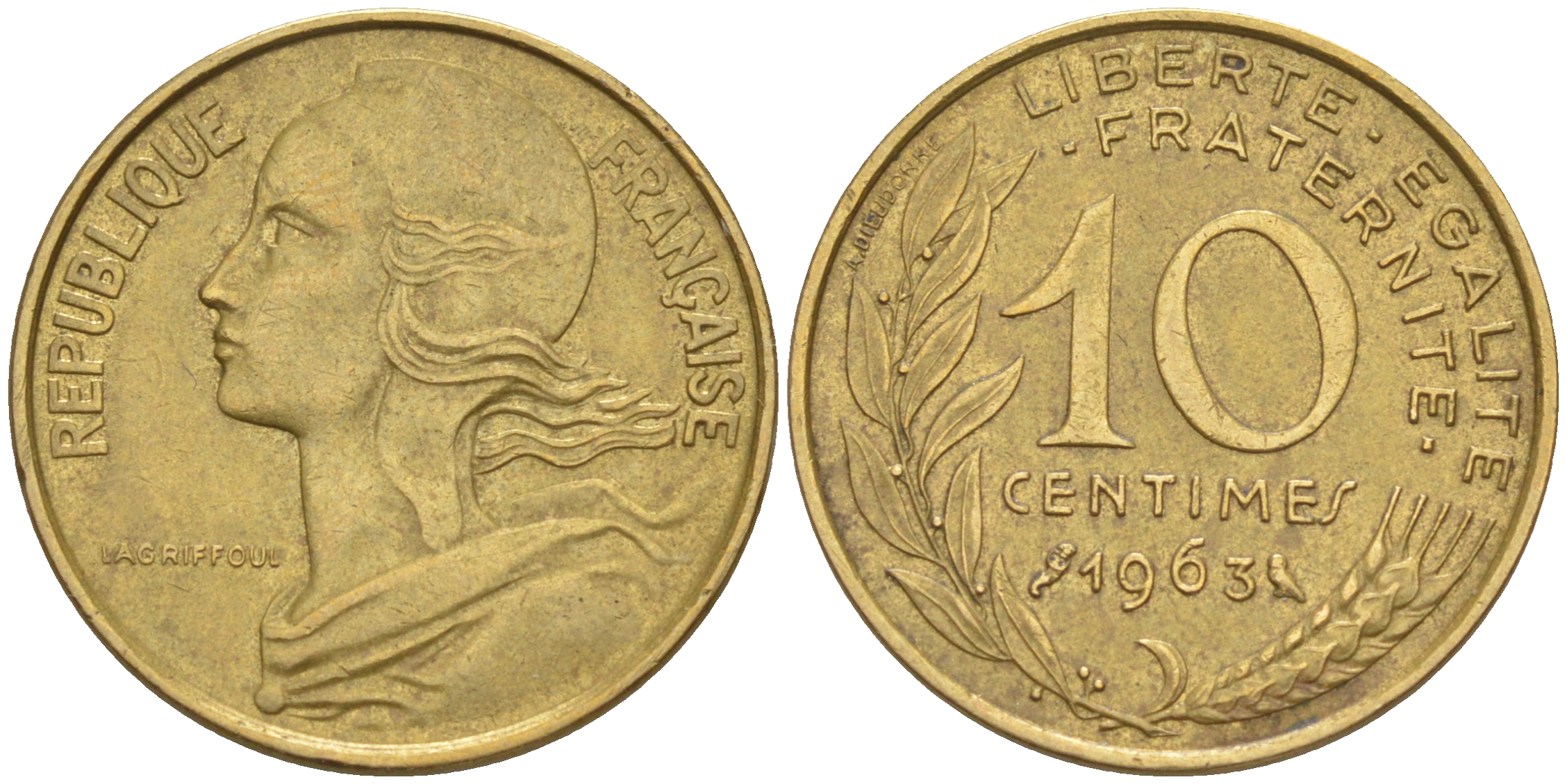 Франция 10 сантимов 1963 ТИП MARIANNE KM 929, le Frank 144.3 медь алюминий никель 100-839