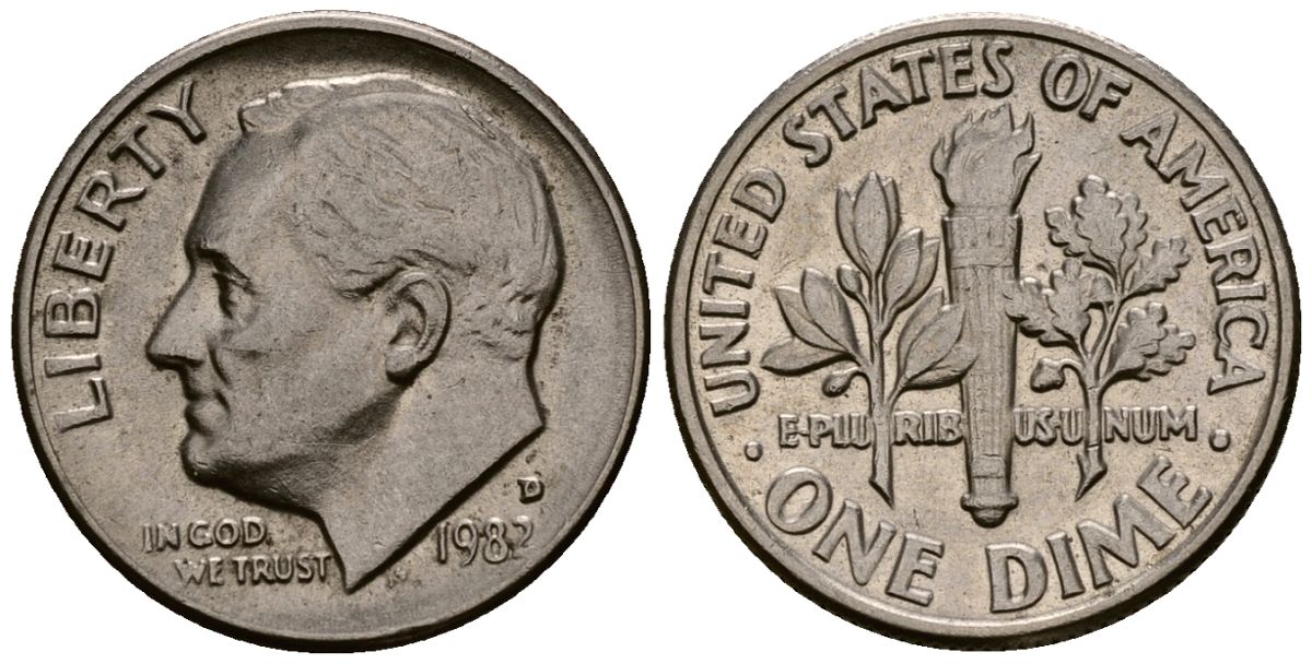 США 10 центов (дайм) 1982 D, Рузвельт KM 195a медь плакированная медно-никелем 4164-951