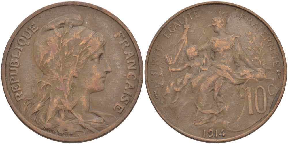 ФРАНЦИЯ 10 САНТИМОВ 1914 ТИП ДАНИЭЛЬ ДЮПЮИ KM 843, LA FRANC 136.24 бронза 109-342