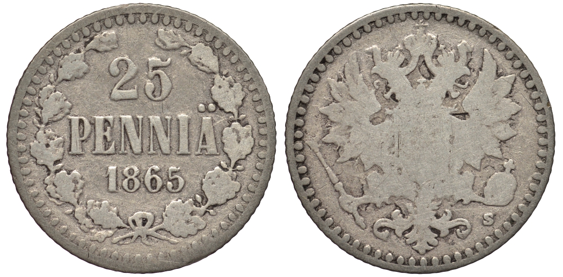 РОССИЯ ДЛЯ ФИНЛЯНДИИ 25 ПЕННИ 1865 S, АЛЕКСАНДР II KM 6.1, Биткин 641 серебро 443-742