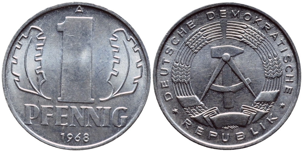 ГДР 1 ПФЕННИГ 1968 А KM 8.1 алюминий UNC 4398-747
