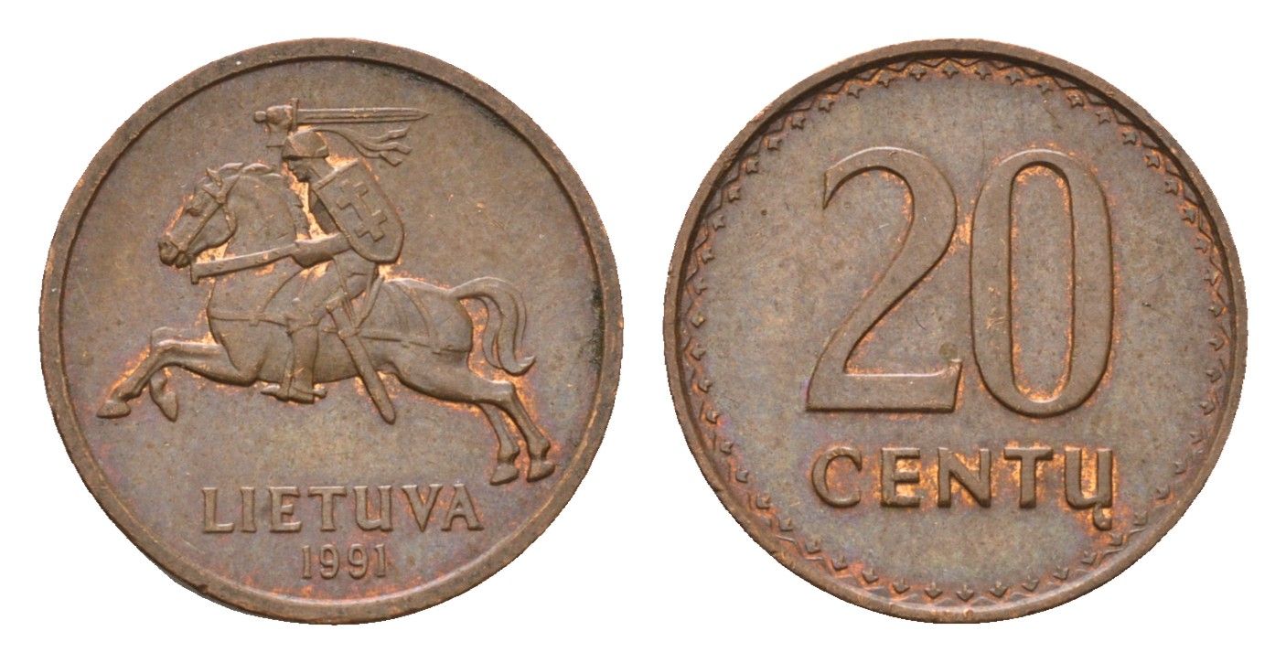 Литва 20 центов (сентов) 1991 KM 89 бронза 4694-1236