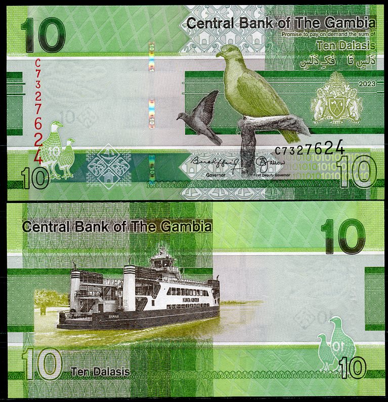 Гамбия 5, 10, 20, 50, 100 и 200 даласи 2023 серия птиц Pick 37, 38, 39, 40, 41, 42  бумага  UNC (пресс) 448-14-1-2