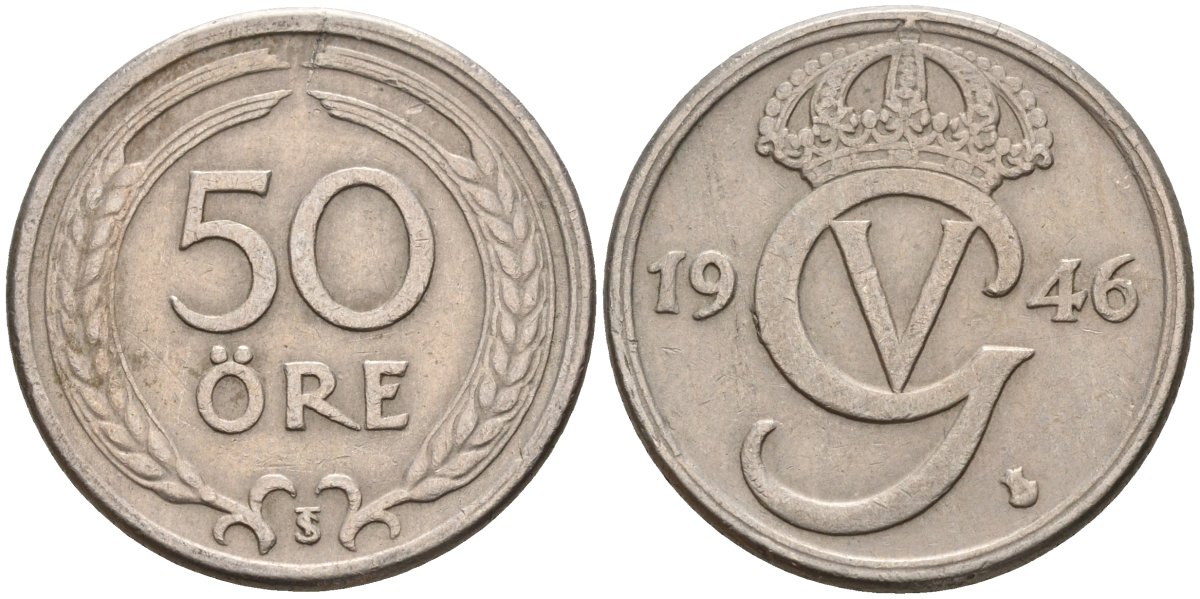 Швеция 50 эре 1946 TS, Густав V (1907-1950) KM 796 никель бронза 4148-854